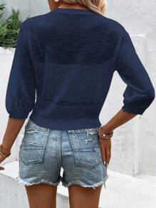 SHEIN LUNE Holiday Leisure Perspective Sheer Short Sleeve Open Front Shirt In Solid Color - Royal Blue - View 2