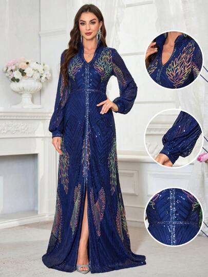 Women's Long Sleeve Sequin Modest Dress With V-Neckline Arabian Robe Style (Non-Placement Cut Flower)
