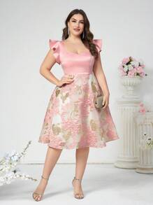 SHEIN Belle Plus Size Elegant Pink Satin & Jacquard Fabric Patchwork Cap Sleeve Dress With U-Neck For Cocktail Party Prom Semi Formal Wedding Guest Dress, For Birthday, Graduation, Dinner, Homecoming