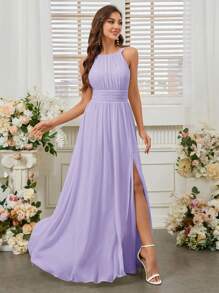 SHEIN Belle Vestido de dama de honor con cuello de halter de unicolor, cintura imperio y abertura frontal alta. Elegante vestido color púrpura claro para boda. - Morado Violeta - Ver 7