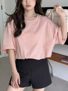 DAZY 女士夏季蝴蝶和口号印花圆领落肩袖超大休闲 T 恤，男女通用 - 粉色 - 查看 7