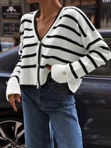 EURMUSE Contrast Color Stripe Round Neck Double Sleeve Hem Button Detailed Cardigan - Black and White - View 2