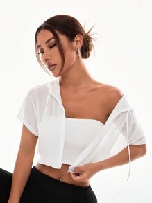 Menodora SHEIN Sport Áo khoác thể thao mùa xuân/hè có dây rút có mũ trùm đầu xuyên thấu dành cho nữ - trắng - Xem 4