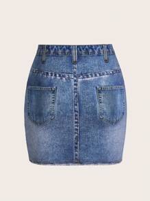 SHEIN Essnce Plus-Size Women's Denim Effect Skirt,Fall Clothes Y2k Tween Girls Skirt,Y2k Jeans Tween Girl Clothes - Black - View 2