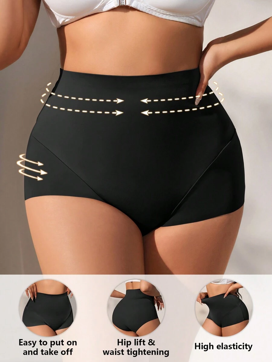 女性無縫加大尺碼高腰臀部提升塑身褲，腹部控制，1件/包 - 黑色 - 查看 1