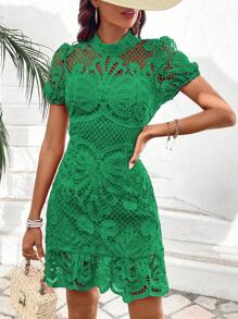 Breezaya 女士夏季纯色立领蕾丝短款泡泡袖优雅紧身连衣裙度假海滩装 - 綠色 - 查看 6