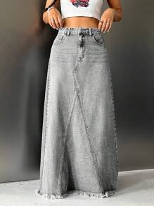SHEIN ICON Váy denim thường ngày dành cho nữ có túi vá và viền sờn - Màu Xám nhạt - Xem 3