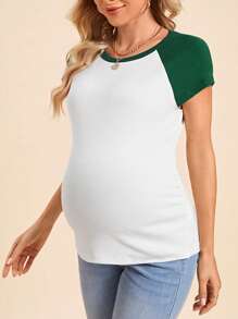 SHEIN Maternity Young Casual Round Neck Short Sleeve Regular Fit Colorblock Slim Pregnancy T-Shirt