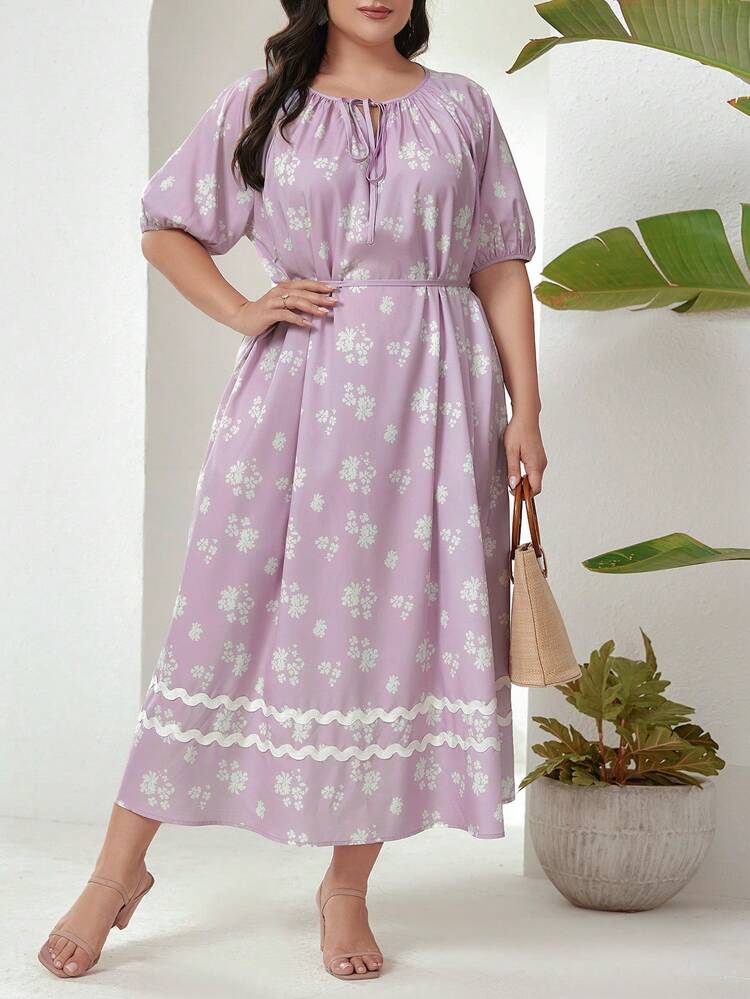 Plus Size Lace-Up Floral Printed Summer Casual Short Sleeve Dress