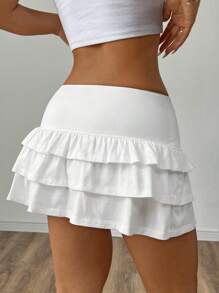 SHEIN EZwear White Knitted Ruffle Women's Mini Skirt With Shorts