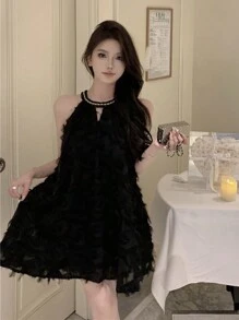 Đầm nữ màu trơn không tay cổ yếm, kiểu dáng thanh lịch, thích hợp cho mùa hè. - màu đen - Xem 1