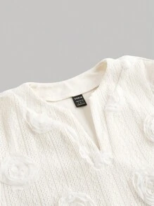 SHEIN MOD Summer 70s Knitted Three-Dimensional Jacquard White Women Mesh Three-Dimensional Floral V-Neck Short T-Shirt,Lunch - White - View 3