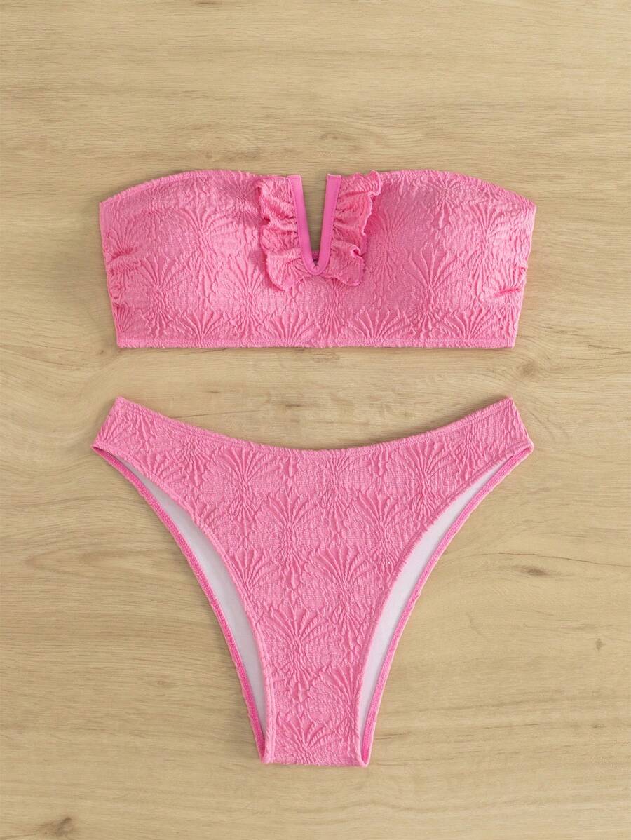 SHEIN Swim 女士纯色纹理比基尼套装,适合海滩和泳池度假、夏季海滩 - 粉色 - 查看 1
