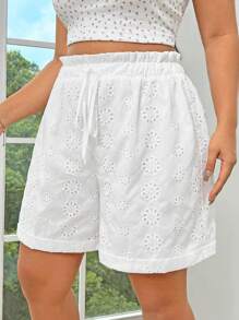 SHEIN EZwear Women's Plus Size White Shorts With Embroidery, Elastic Waistband, Bow Tie Belt, Loose Fit, Wide Leg Design, Made Of Woven Fabric With Small Holes And Ruffle Hem For Summer