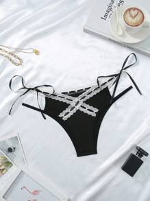 SHEIN Quần lót ren chắp vá màu khối màu dành cho nữ Quần đùi có dây buộc, cạp thấp - Đen và trắng - Xem 1