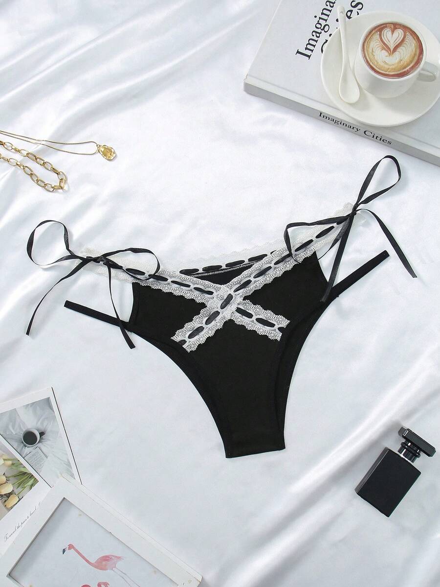 SHEIN Quần lót ren chắp vá màu khối màu dành cho nữ Quần đùi có dây buộc, cạp thấp - Đen và trắng - Xem 1