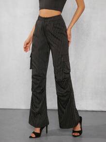 Hauture Pantalones De Carga Con Bolsillos Laterales Con Solapa Y Estampado De Rayas - Blanco y Negro - Ver 1