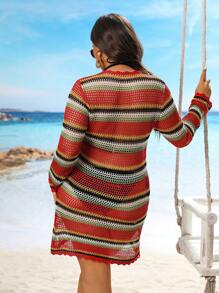 SHEIN Clasi Plus Size Women Fashion Colorful Striped Hollow Round Neck Long Sleeve Sweater Dress
