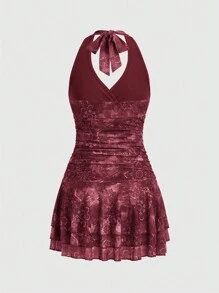 ROMWE Fairycore Women's Vintage Printed Rhinestone Embellished Backless Halter Neck Dress, Summer