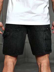 Manfinity LEGND 男士街頭風格拼布牛仔短褲，夏季休閒日常穿著 - 黑色 - 查看 2