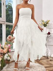 Rafferiza Women Solid Color Simple Strapless Mesh Dress For Daily Wear Maxi Women Outfit - White - View 5