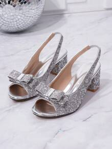 Women Peep Toe Bowknot Ankle Strap Chunky Heeled Sandals, Fashionable Party Silver Glitter High Heels
