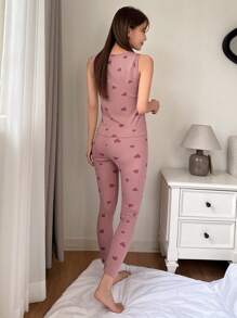 DAZY Heart Print Slim Fit Tank Top & Pants Pajama Set - Pink - View 2