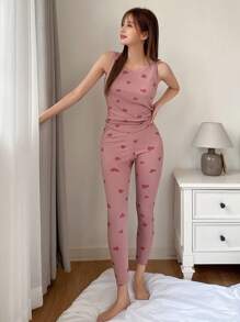DAZY Heart Print Slim Fit Tank Top & Pants Pajama Set - Pink - View 3
