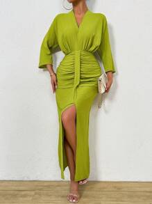 Calvaya Vestido con pliegues y cinturón de cintura para mujer con cuello en V a la moda