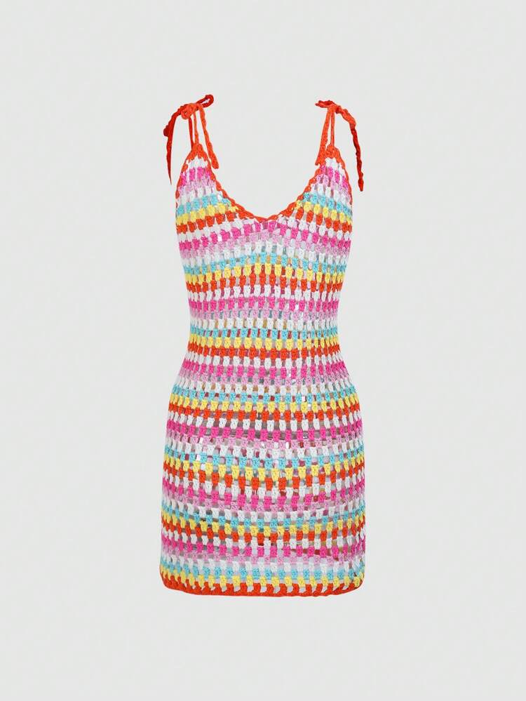 Sexy And Fashionable Hollow Knitted Striped Color Block Cami Sweater Dress