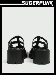 Sugerpunk Y2K Fashion Black Half-Enclosed Roman Style Women Wedge Chunky Sole Shoes, Suitable For Music Festival, Shopping And Party For Summer Vacation Shoes Summer - Black - View 4