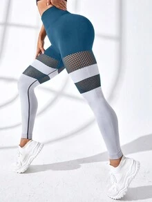 SHEIN Yoga Sxy 女性拼接彈性高腰無縫運動緊身褲，適用於瑜伽、跑步等運動 - 彩色 - 查看 3