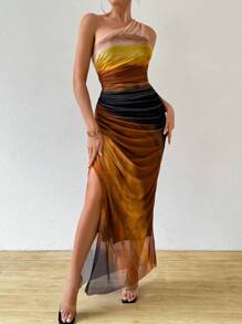 Chiquease Sexy Tie-Dye Pleated Bodycon Dress With Side Slit For Summer - Mustard Yellow - View 4