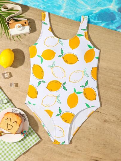 SHEIN Tween Girl One-Piece Swimsuit With Random Fruit Print