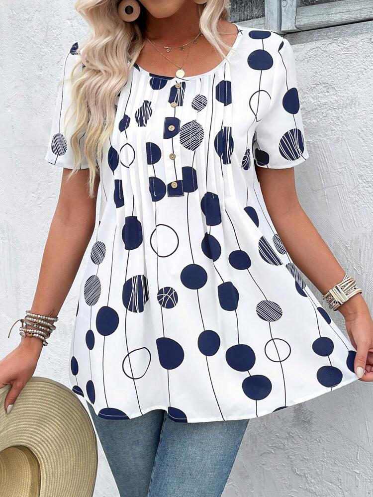 Women's Summer Polka Dot Pattern Print Round Neck Short-Sleeve Shirt