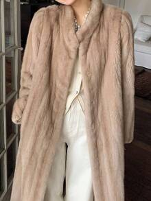 Cappotto di pelliccia di visone di media lunghezza di moda per donna - Cachi - Visualizzare 5