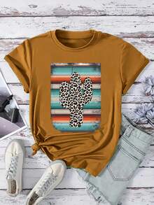 Calvaya Plus Size Cactus Print Summer Short Sleeve T-Shirt - Yellow - View 1