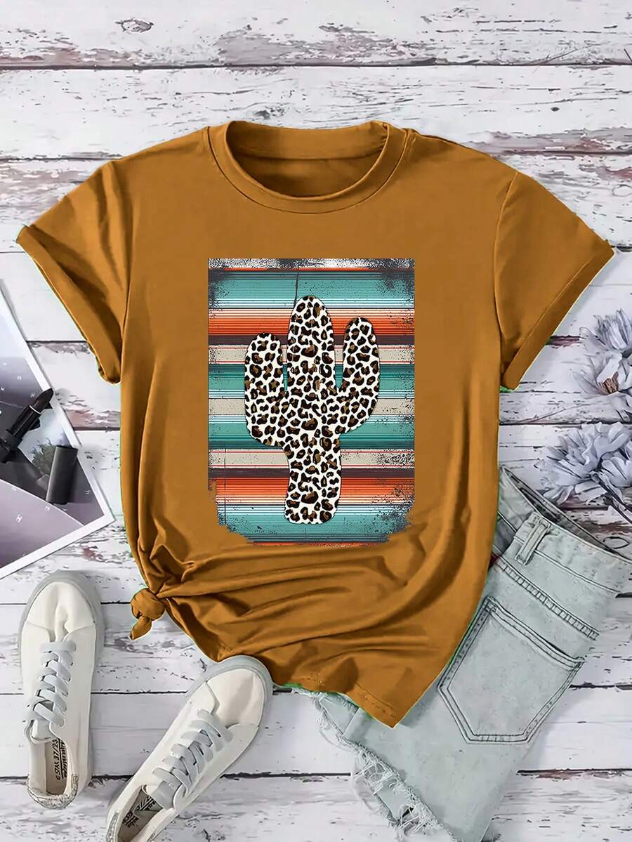 Calvaya Plus Size Cactus Print Summer Short Sleeve T-Shirt - Yellow - View 1