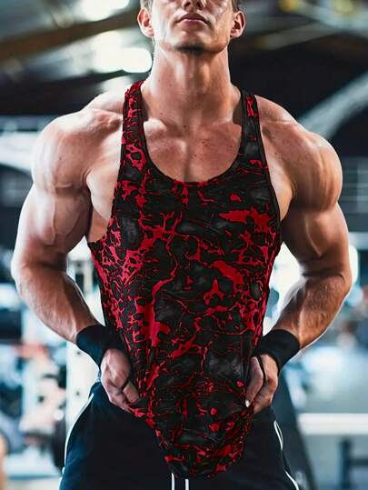 Manfinity Sport PWRUP 男士运动无袖运动 T 恤、背心、吊带训练和健身房和锻炼落袖剪裁吸湿排汗、透气、快干迷彩扎染印花图案多色常规版型面料圆领略弹力男友风格男士扎染印花圆领运动背心健身上衣健身上衣圣诞节透气