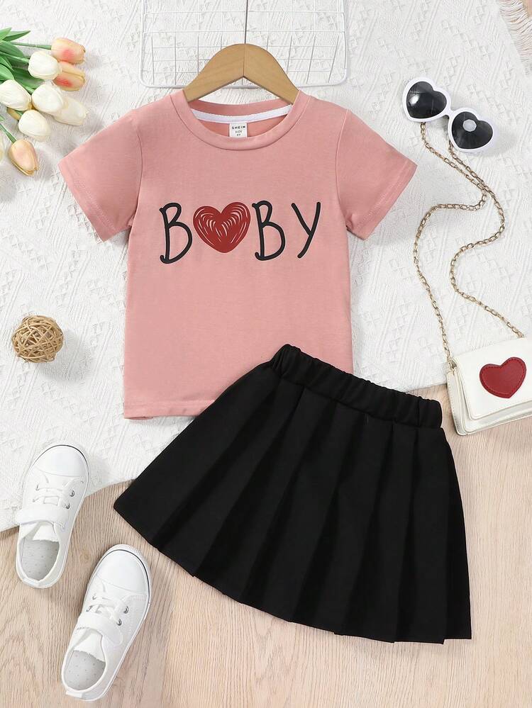 Family Matching Outfits 'Mommy And Me' Pink Letter Print Short Sleeve T-Shirt And Black Pleated Skirt Set (2 Pieces Sold Together, The Third Piece Sold Separately) For Toddler Girls