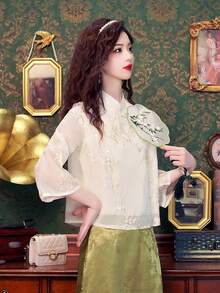 新中式女式立領上衣，重繡花紋設計與禪風鈕扣，復古感十足 - 米色 - 查看 4