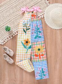 SHEIN Young Girl Floral & Plaid Print Tie Shoulder Cami Jumpsuit - Multicolor - View 6