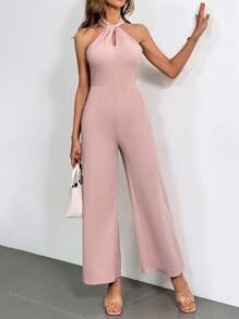 SHEIN Privé Macacão feminino sem mangas de malha sólida com pescoço halter para o verão - Rosa chiclete - Visão 5