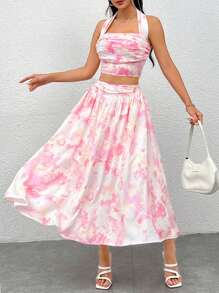 SHEIN PETITE Nhuộm buộc Nhăn Áo hai dây Và Váy chữ A Mùa hè Kỳ nghỉ Bộ - Hồng - Xem 1