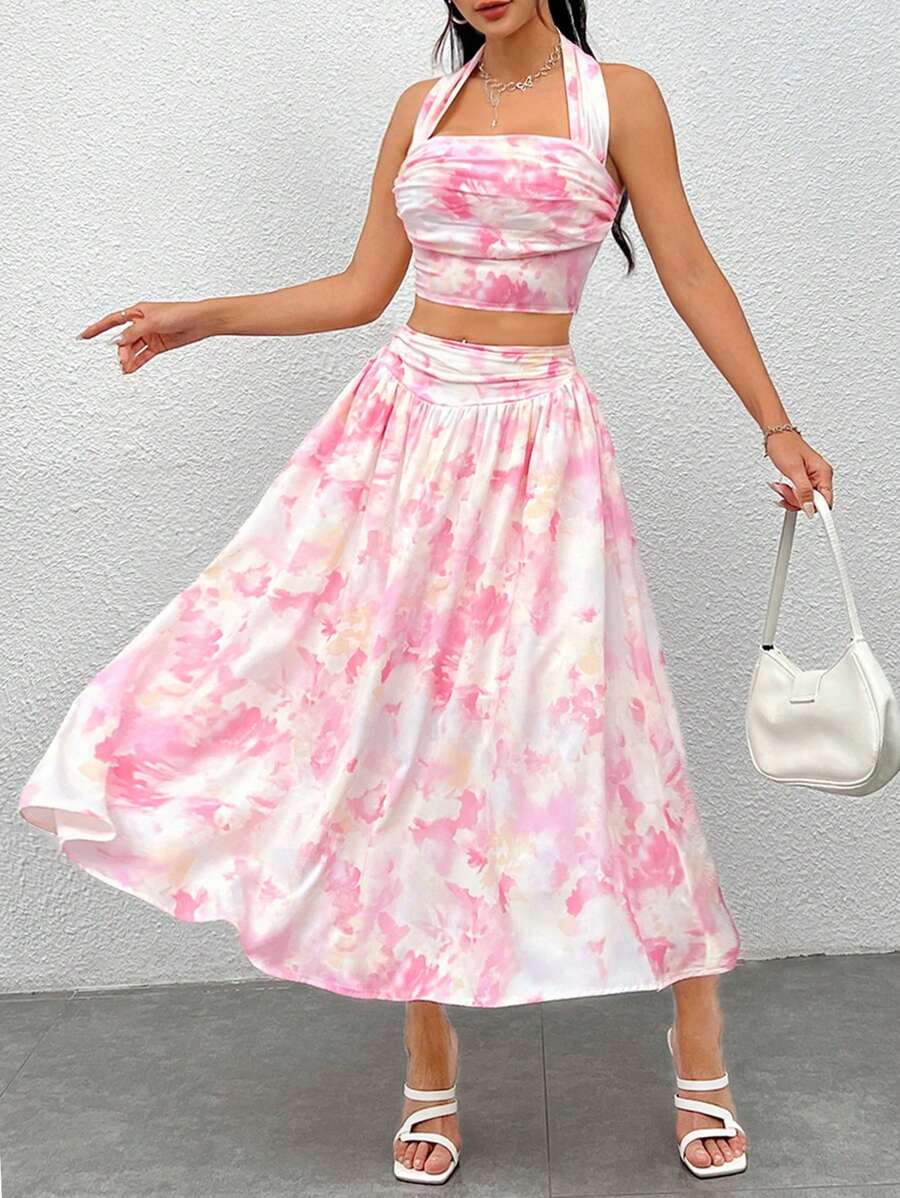 SHEIN PETITE Nhuộm buộc Nhăn Áo hai dây Và Váy chữ A Mùa hè Kỳ nghỉ Bộ - Hồng - Xem 1