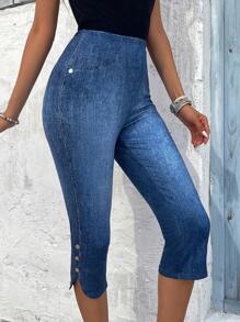 EMERY ROSE Denim Effect Printed Elastic Waist Button Detail Slit Hem Capri Leggings Summer - Blue - View 8