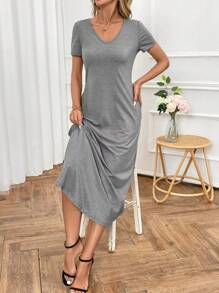 SHEIN Clasi Vestido Recto Con Cuello En V Y Bolsillos Diagonales De Color Sólido Para Mujeres - Gris - Ver 4