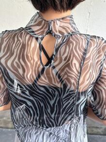FRIFUL Parte superior de mujer de manga corta con cuello de malla transparente, adecuada para el verano, top corto para mujeres