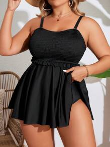 Swim Lushoire Plus Size Summer Beach Solid Holiday Spaghetti Strap Swim Dress & Swim Bottom - Black - View 3