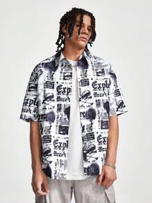 Manfinity NXTstreet Chemise décontractée d'été pour homme à manches courtes et ample avec imprimés de slogan - Noir et Blanc - Voir 5
